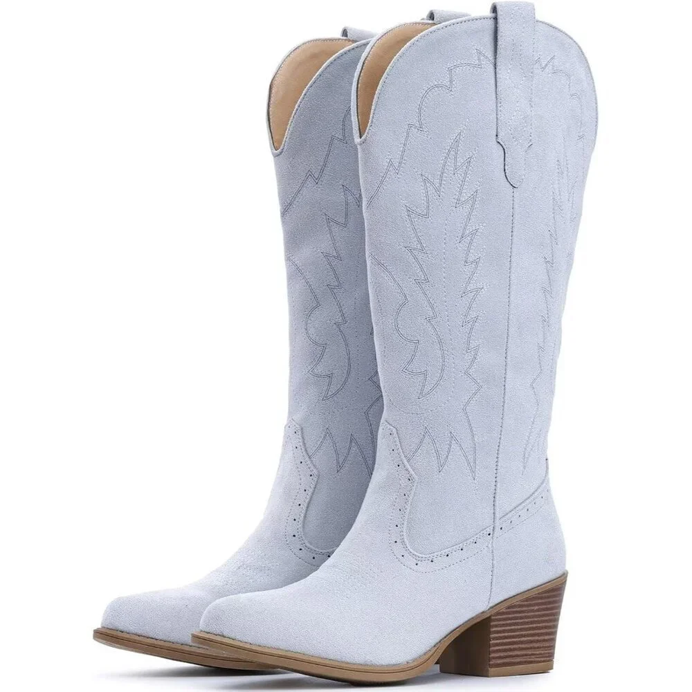 Women Blue Chunky Heel Pointed Toe Cowgirl Mid Calf Embroidery Western Boots